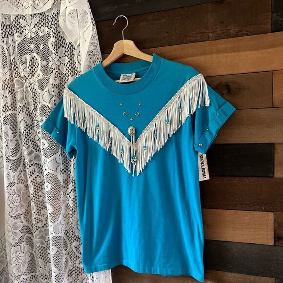 Vintage Western Hazelwoods Crew Blue & Silver Fringe Southwestern Aztec T-Shirt - Picture 8 of 8